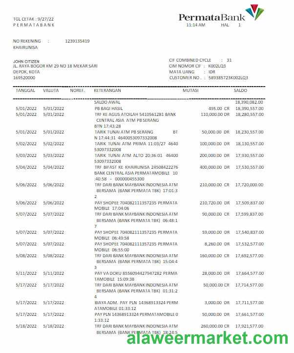Indonesia Permatabank statement Word and PDF template scr